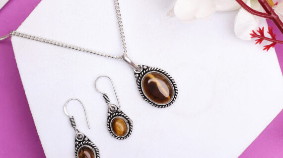 Tiger Eye Pendant, Earrings Jewellery Set