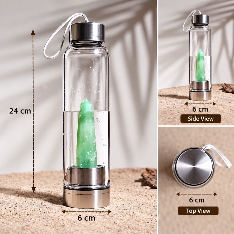 Glass Water Bottle With Green Aventurine Pencil glass water bottle with green aventurine pencil