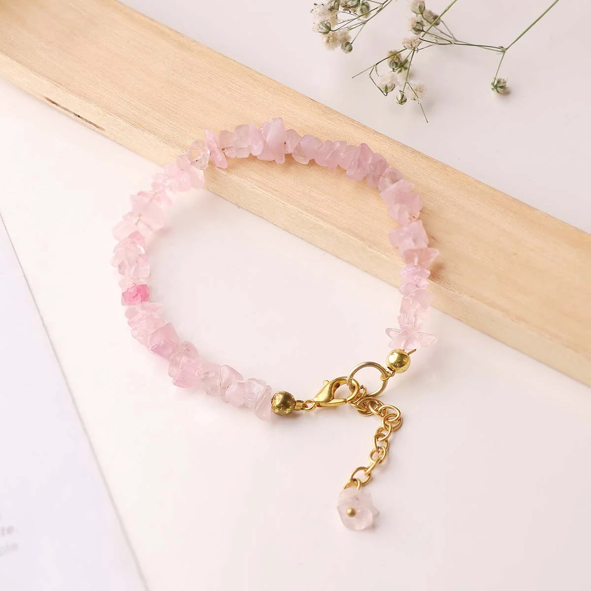 Rose Quartz Chips Chain Bracelet (3)