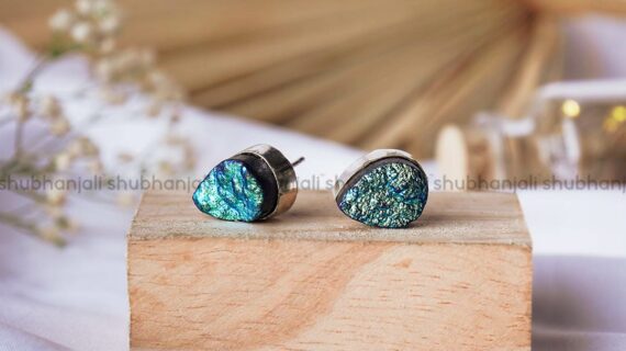 Druzy Agate Blue Oval Stud Earring