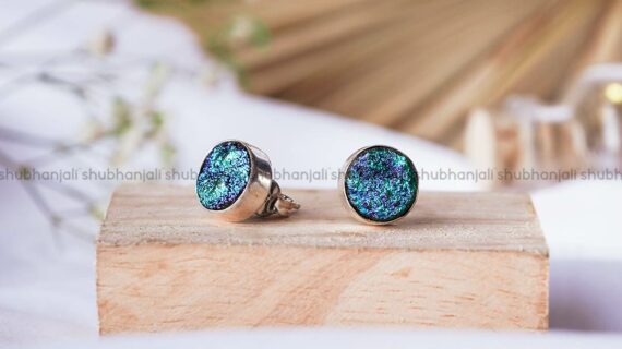 Druzy Agate Blue Round Stud Earring