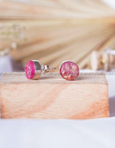 Druzy Agate Pink Round Stud Earring