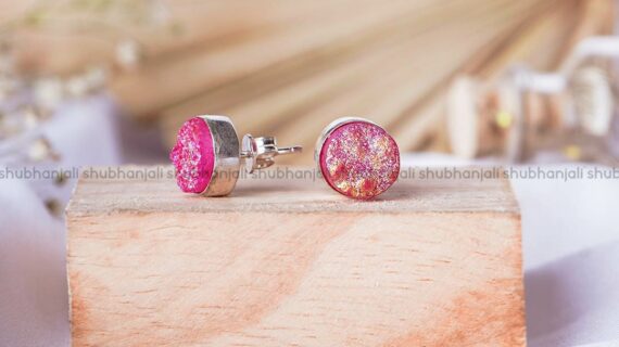 Druzy Agate Pink Round Stud Earring