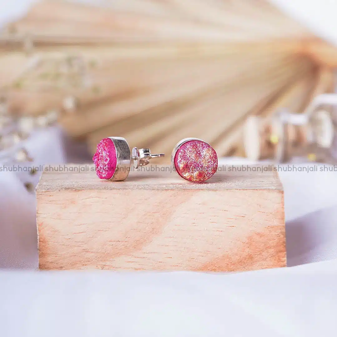 Shubhanjali-Druzy Agate Round Stud Earring Druzy Agate Pink Round Stud Earring