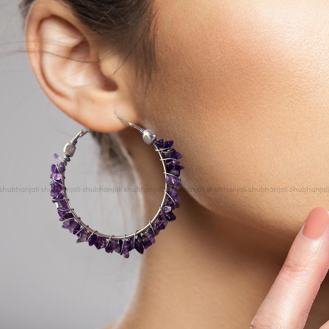 Amethyst Crystal Chips Huggie Hoops Earring