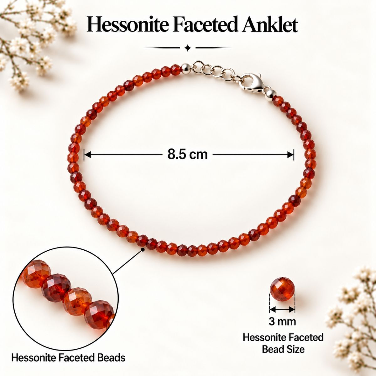 Hessonite Faceted Beads Anklet (3MM) hessonite faceted beads anklet (3mm)