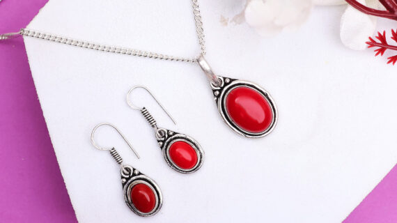 Red Coral Pendant and Earring Set