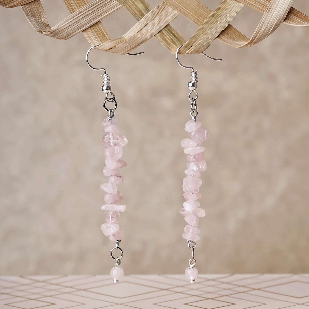 Shubhanjali-Rose Quartz Chips Earrings Natural Rose Quartz Crystal Chips Earrings