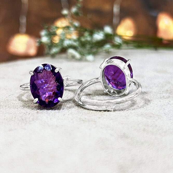 Natural Amethyst Crystal Diamond Cut Oval Ring