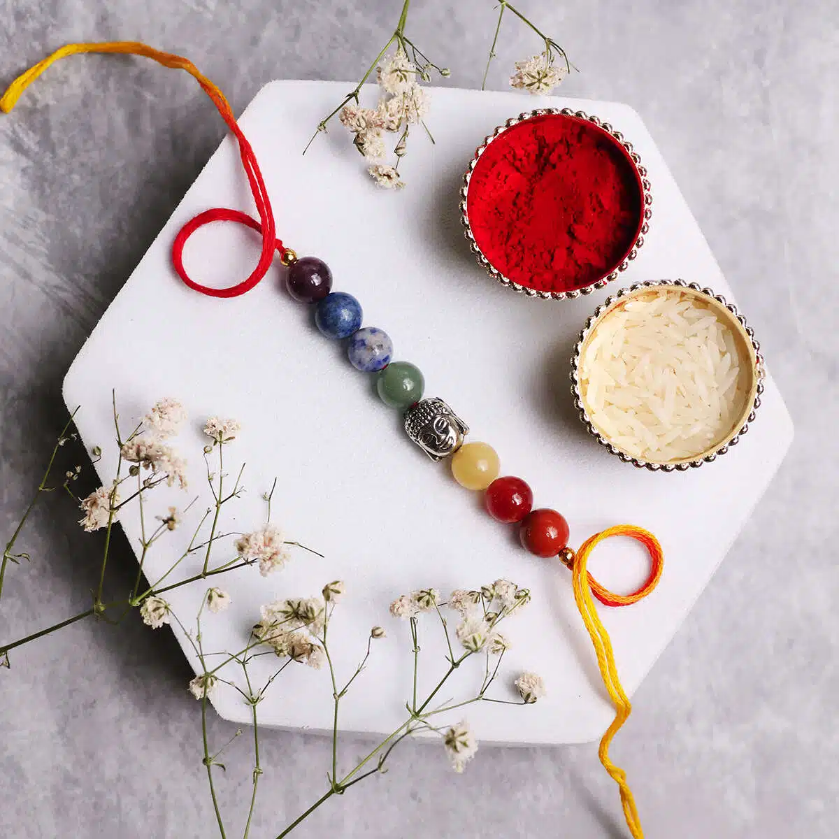 Shubhanjali-Buddha 7 Chakra 8 MM Onyx Crystal Beads Rakhi (3) Shop Buddha 7 Chakra 8 MM Onyx Crystal Beads Rakhi