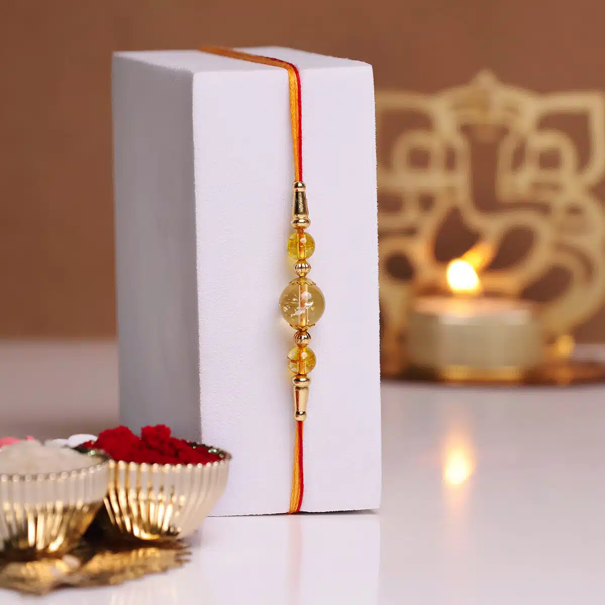 Shubhanjali-Citrine 3 Beads Crystal Rakhi (4) Shop Natural Citrine Stone 3 Beads Crystal Rakhi