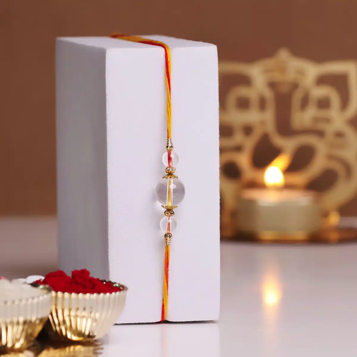 Shubhanjali-Clear Quartz 3 Beads Crystal Rakhi (4) Shop Natural Clear Quartz Crystal 3 Beads Rakhi