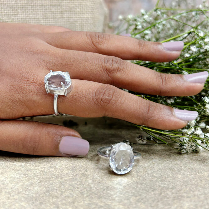 Natural Clear Quartz Crystal Diamond Cut Oval Ring