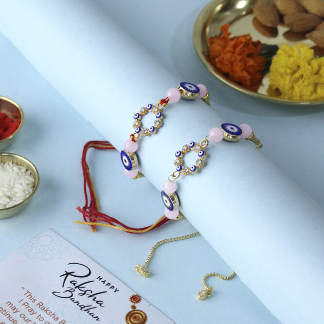 5 Evil Eye with Natural Rose Quartz Crystal Love Rakhi