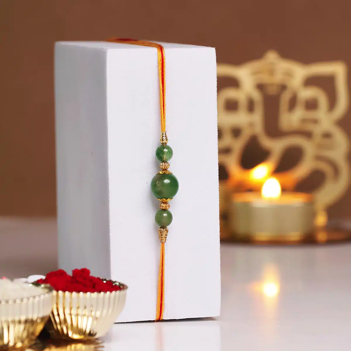 Shubhanjali-Green Aventurine 3 Beads Crystal Rakhi (4) Shop Natural Green Aventurine Crystal 3 Beads Rakhi