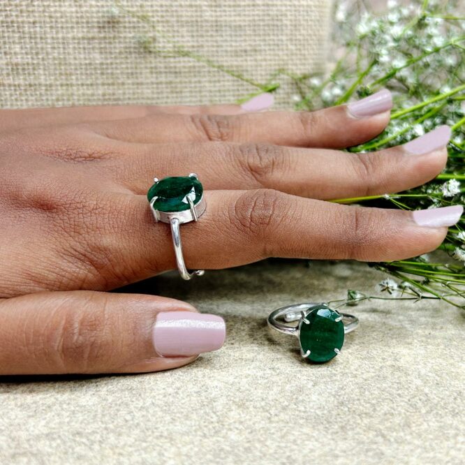 Crystal Rings Natural Green Jade Oval Diamond Cut Shape Ring