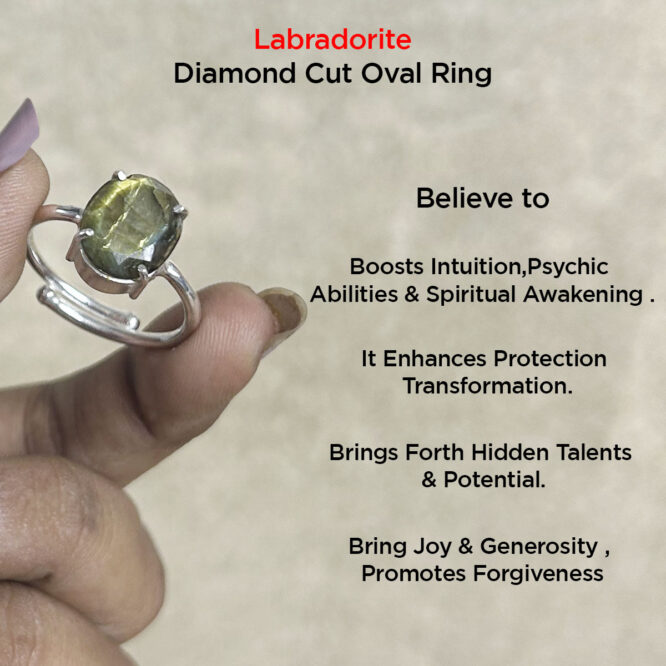 Natural Labradorite Crystal Diamond Cut Oval Ring