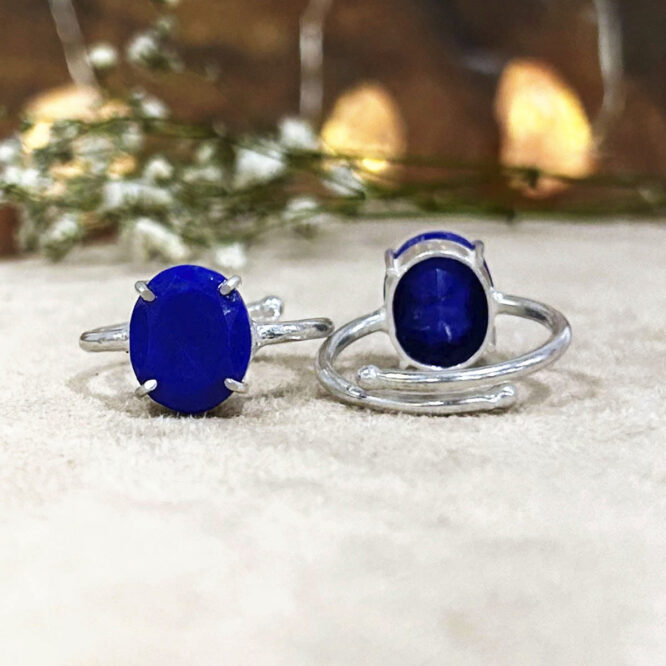 Natural Lapis Lazuli Crystal Diamond Cut Oval Ring