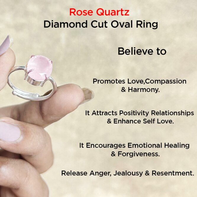 Natural Rose Quartz Crystal Diamond Cut Oval Ring