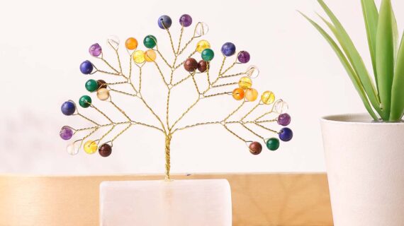 7 Chakra Beads on Selenite Raw Root Tree