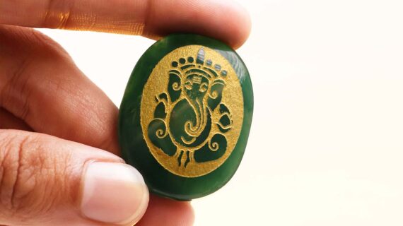 Green Jade Oval Ganesha Painted Engrave