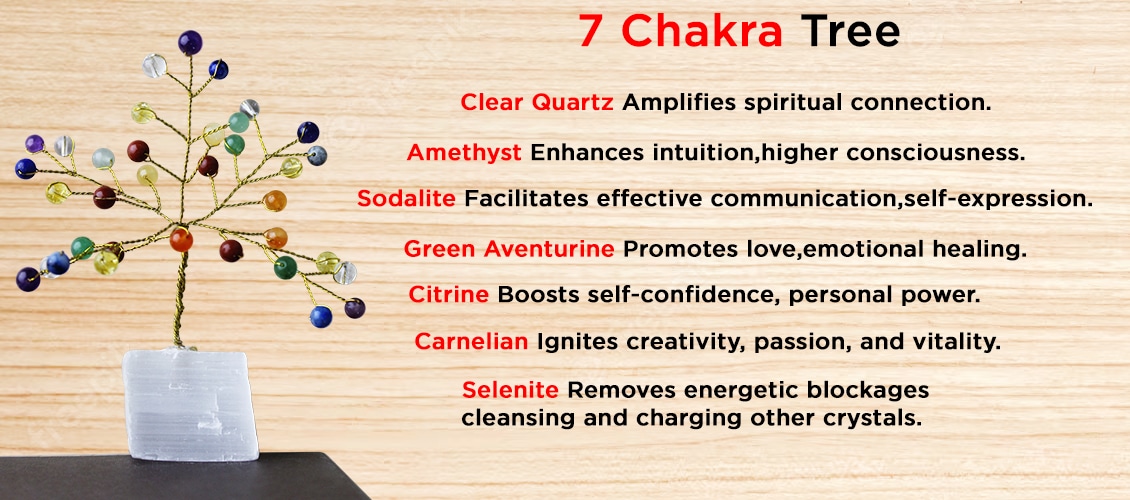 7 Chakra Beads, Selenite Raw Root Tree