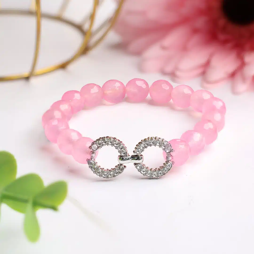 Shubhanjali-Rose Quartz Faceted Beads Infinity Charm Bracelet Rose Quartz Faceted Beads Infinity Charm Bracelet