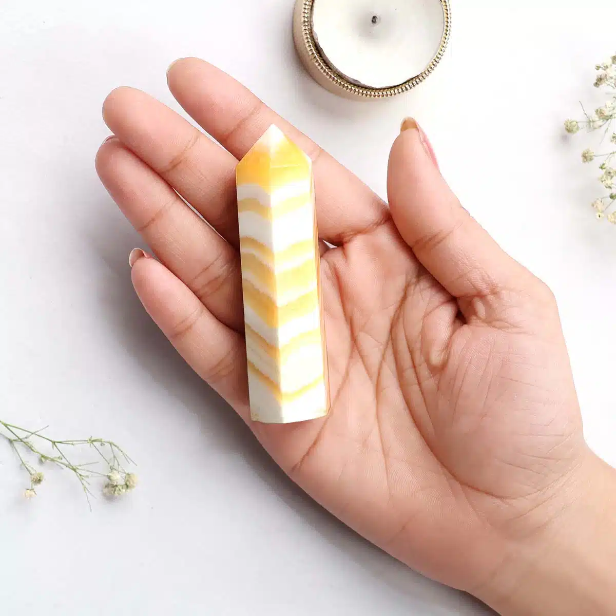 Shubhanjali-Yellow Calcite In Pencil Point (1) Shop Natural Yellow Calcite Crystal In Pencil Point