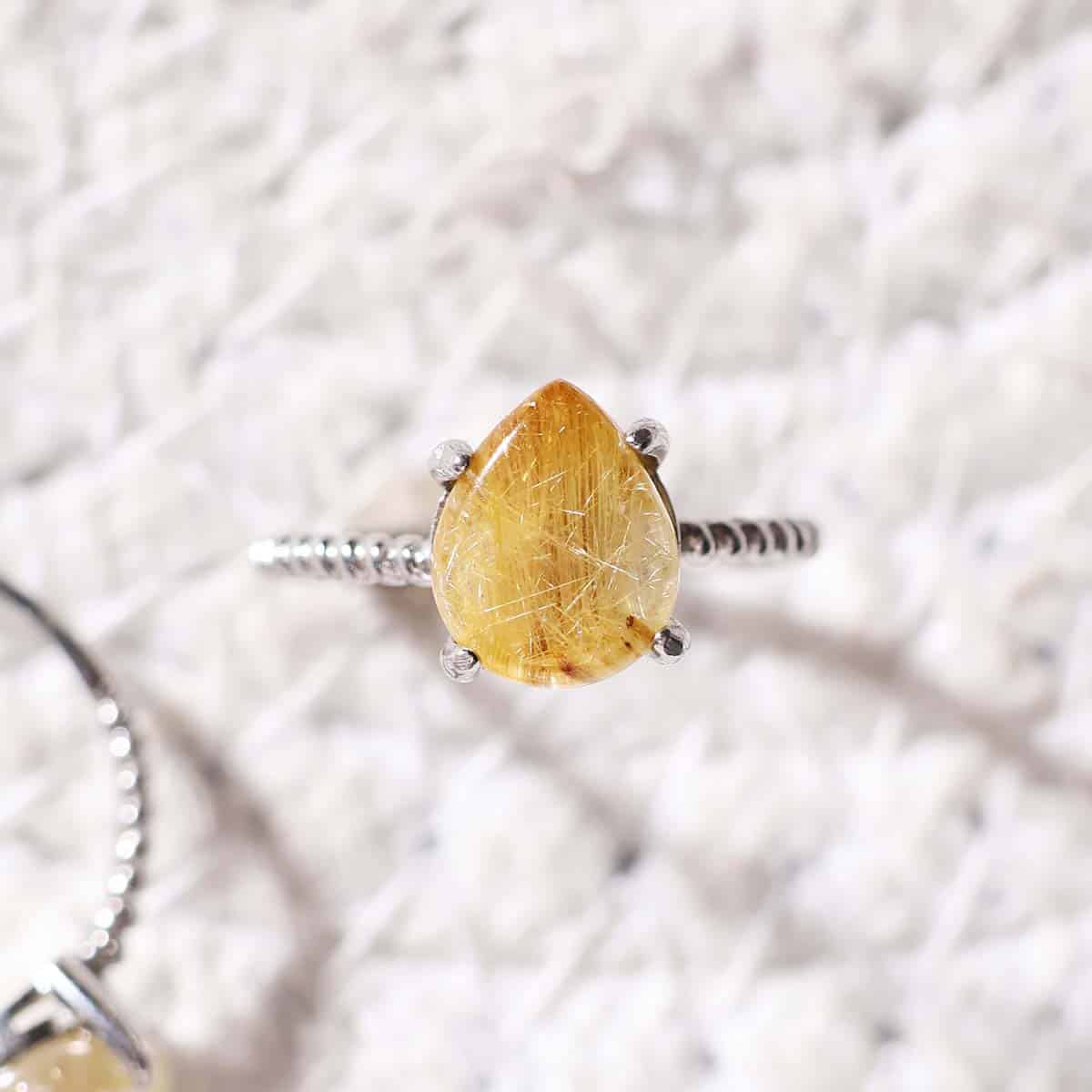 Golden Rutile In Silver Ring Drop Shape