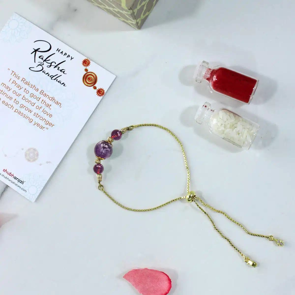 Shubhanjali-Amethyst 3 Beads Crystal Rakhi (2) Shop Natural Amethyst 3 Beads Crystal Rakhi