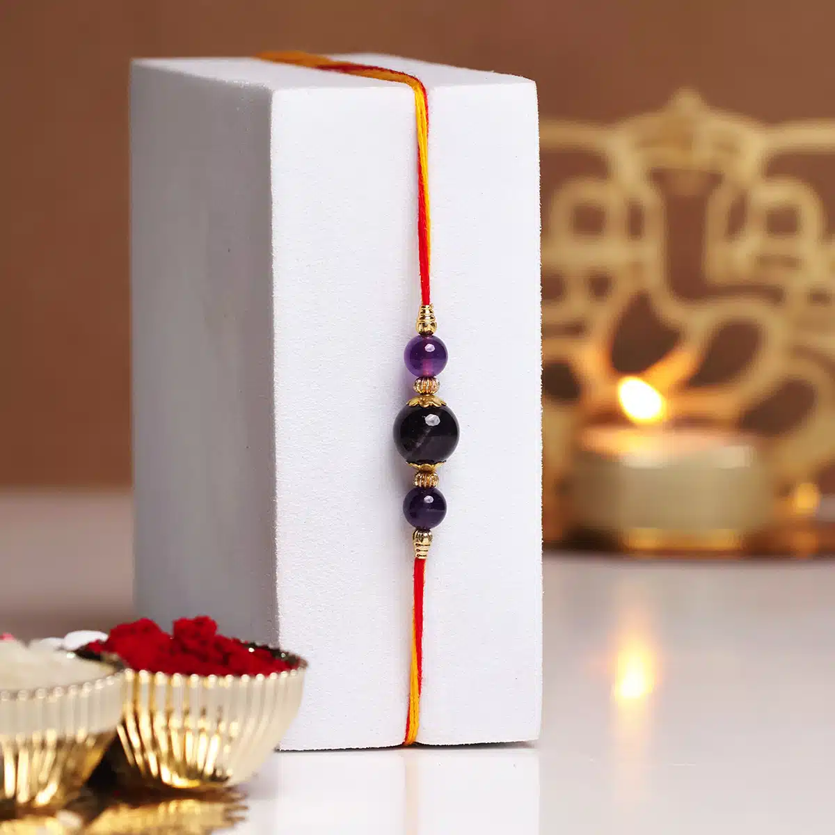 Shubhanjali-Amethyst 3 Beads Crystal Rakhi (3) Shop Natural Amethyst 3 Beads Crystal Rakhi