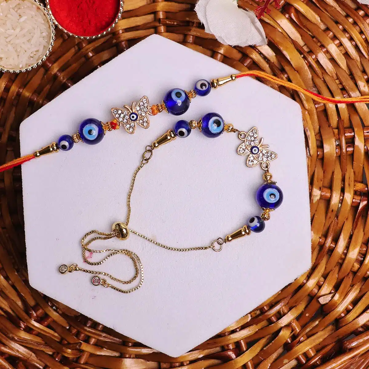 Shubhanjali-Evil Eye Diamond Butterfly Charm Stone Rakhi Shop Evil Eye Diamond Butterfly Charm Rakhi