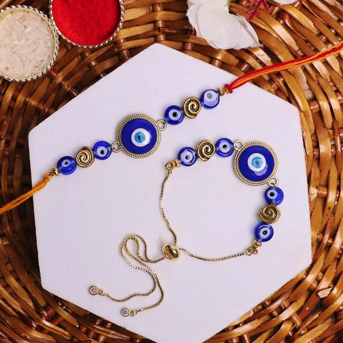 Shubhanjali-Evil Eye Round Flat Beads Stone Rakhi Shop Evil Eye Round Flat Beads Rakhi