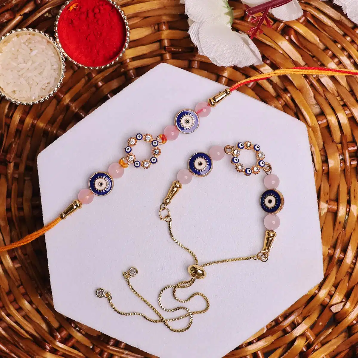 Shubhanjali-Evil Eye with Rose Quartz Love Stone Rakhi Shop Evil Eye with Rose Quartz Love Rakhi