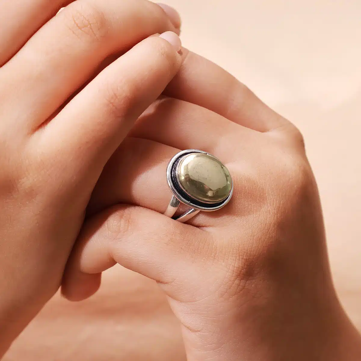 Shop Natural Pyrite Oval Shape Stone Alloy Metal Adjustable Ring