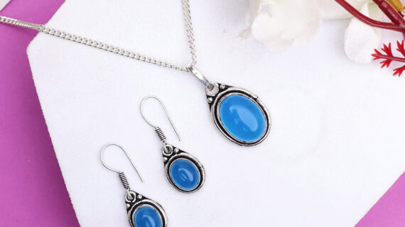 Blue Onyx Pendant and Earring Jewellery Set