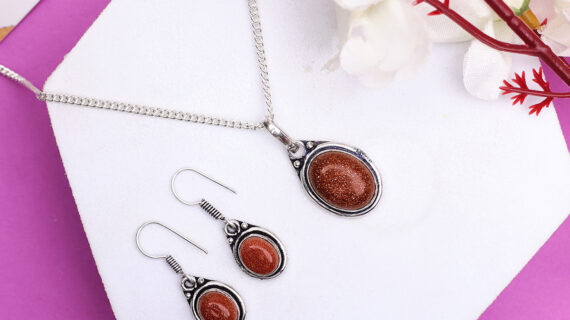 Goldstone Pendant and Earring Jewellery Set ( Man-Made )