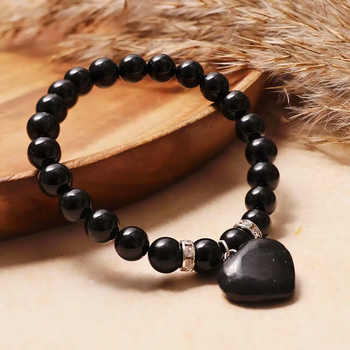 Black Tourmaline Bracelet With Mini Heart Charm-Shubhanjali (1) Shop Black Tourmaline Crystal Bracelet With Mini Heart Charm