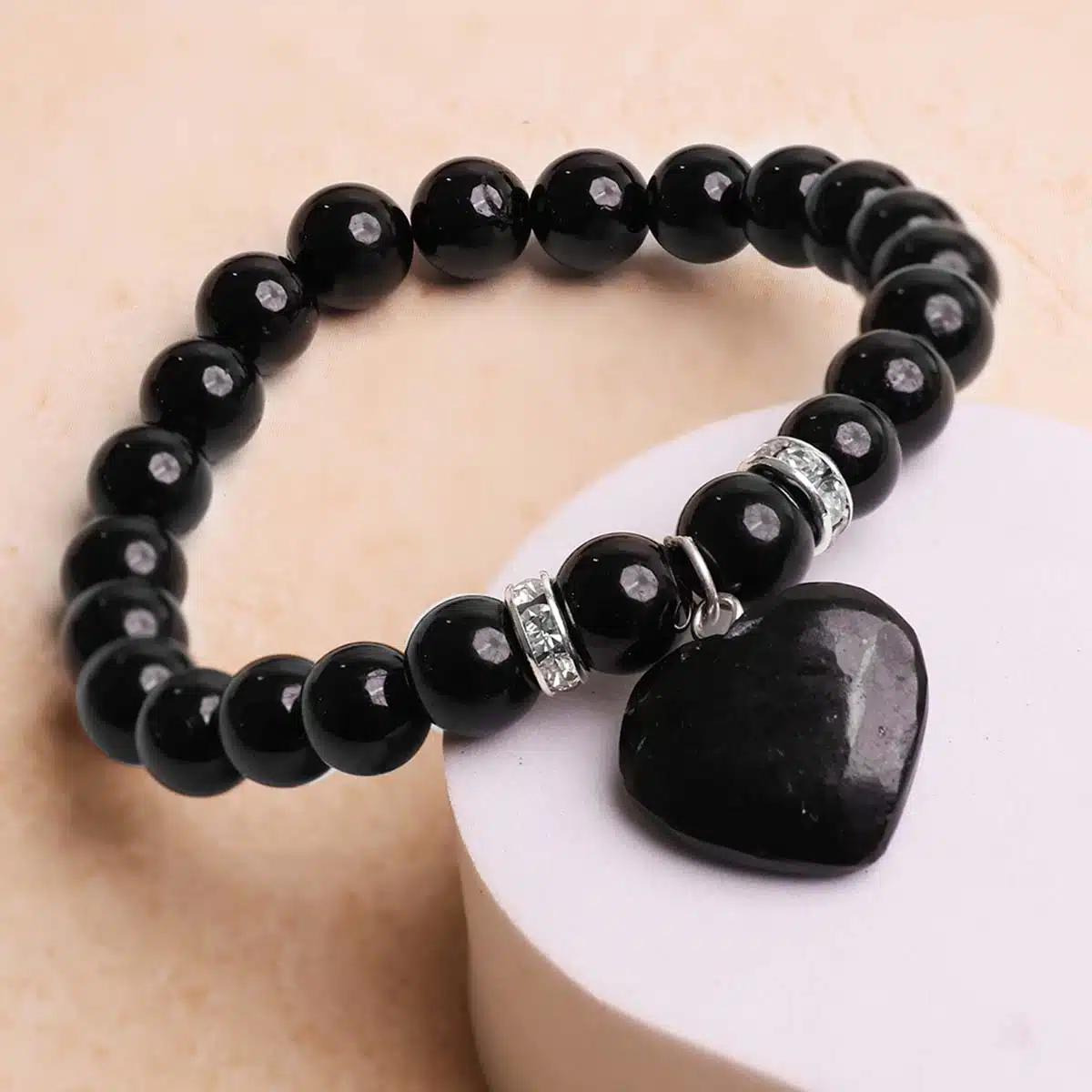 Black Tourmaline Bracelet With Mini Heart Charm-Shubhanjali (2) Shop Black Tourmaline Crystal Bracelet With Mini Heart Charm