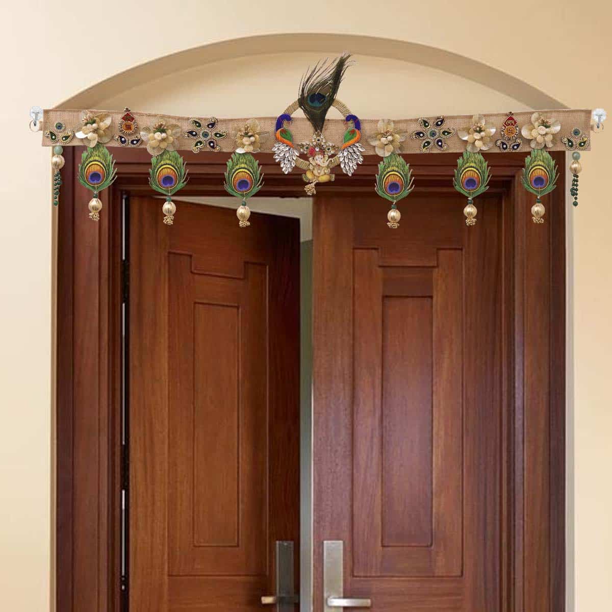 Toran Porta Indiano Aditri Creazione Con Ganesh - Decorazione Festiva In Metallo Dorato E Perline