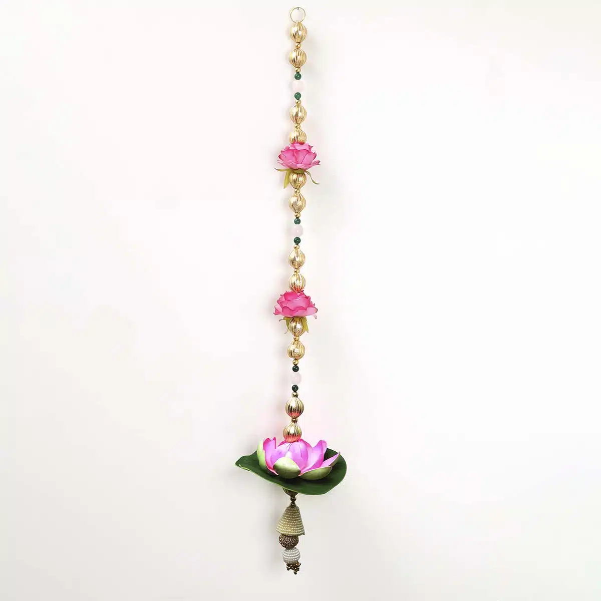 Rose Quartz & Green Jade Stone Pink Lotus Hanging Pair-Shubhanjali (1) Shop Rose Quartz & Green Jade Stone Pink Lotus Hanging Pair