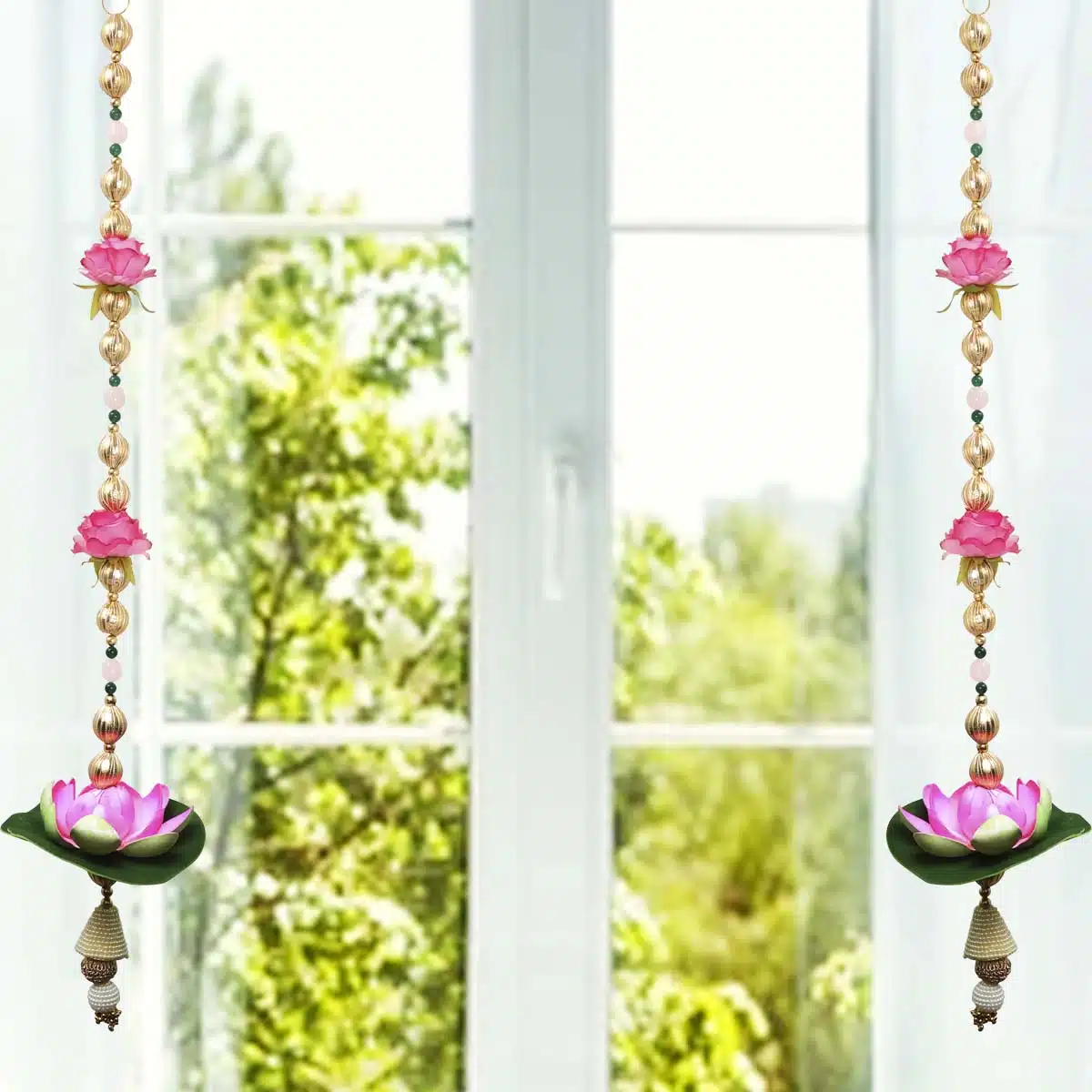 Rose Quartz & Green Jade Stone Pink Lotus Hanging Pair-Shubhanjali (4) Shop Rose Quartz & Green Jade Stone Pink Lotus Hanging Pair