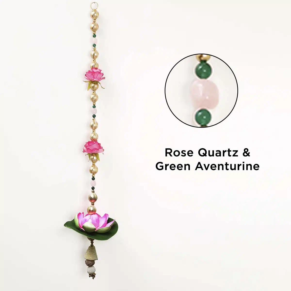 Rose Quartz & Green Jade Stone Pink Lotus Hanging Pair-Shubhanjali (5) Shop Rose Quartz & Green Jade Stone Pink Lotus Hanging Pair