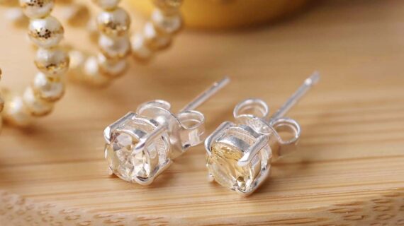 Citrine Round Stud Earrings Silver