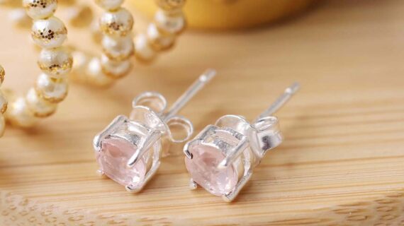 Rose Quartz Round Stud Earrings Silver