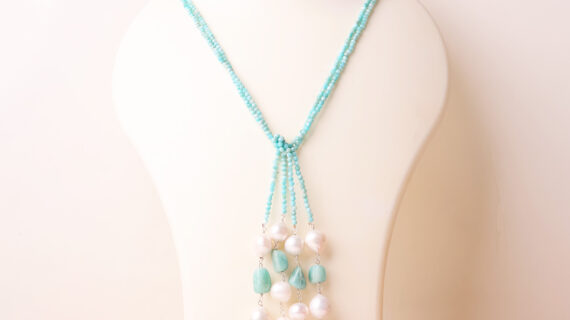 Amazonite With Pearl Long Knot Necklace Silver