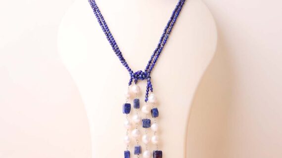 Lapis With Pearl Long Knot Necklace Silver