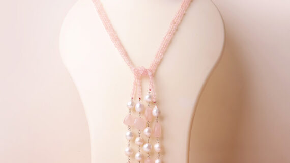 Rose Quartz With Pearl Long Knot Necklace Silver