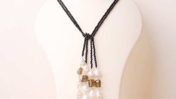 Black Tourmaline and Smokey Quartz With Pearl Silver Long Knotted Necklace