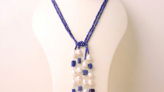 Lapis With Pearl Long Silver Knotted Necklace